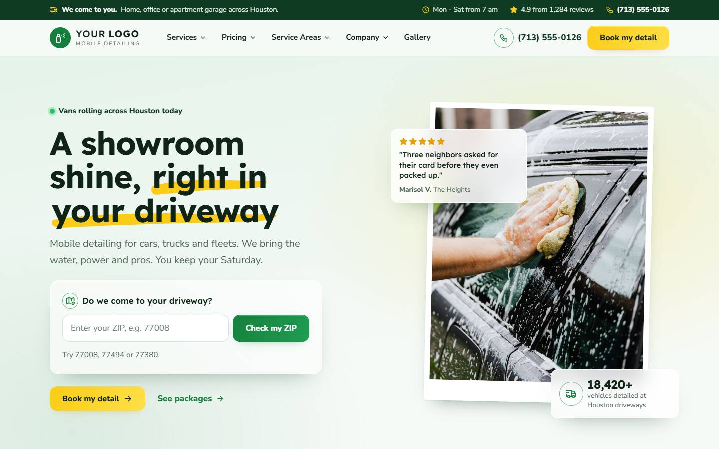 Mobile Shine Detailing home page on a desktop screen