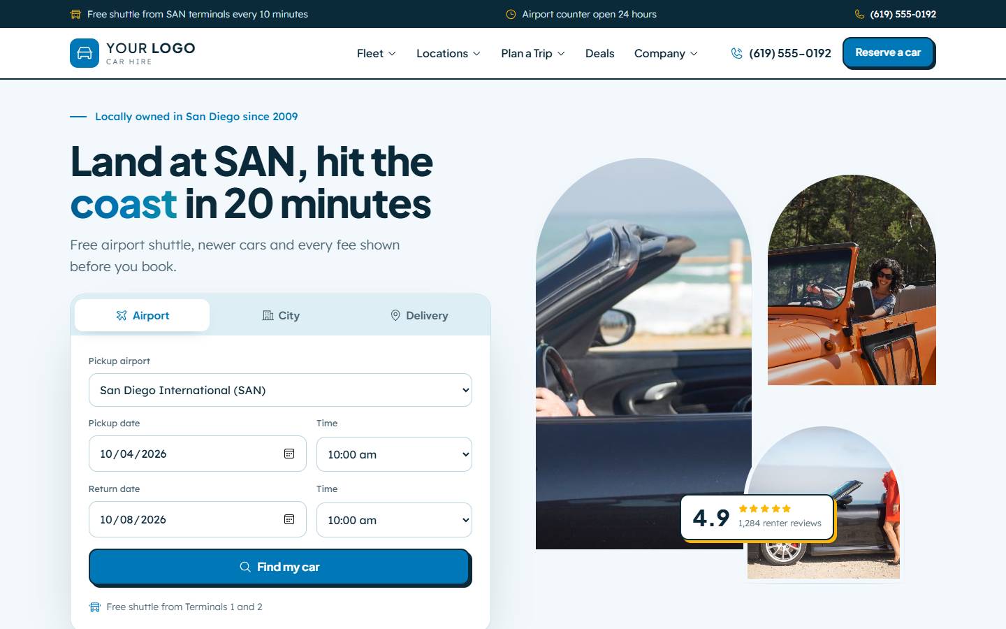 Coastline Car Hire home page on a desktop screen