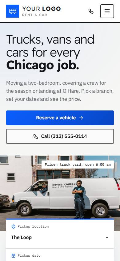 Midwest Fleet Rent-A-Car home page on a phone