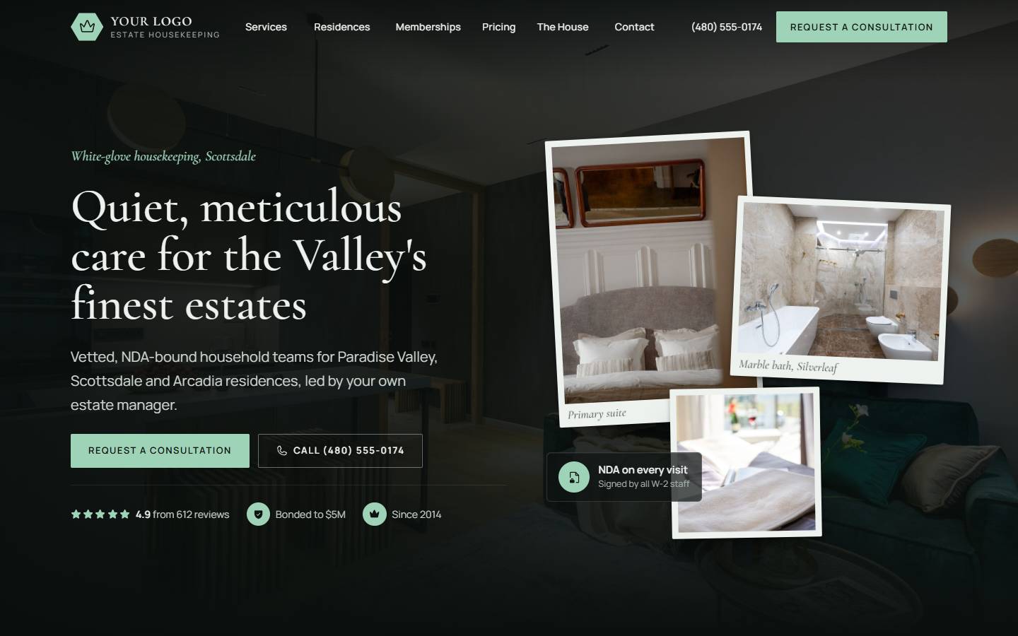 Luxe Estate Housekeeping home page on a desktop screen