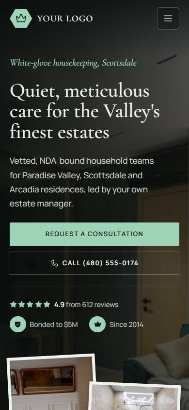 Luxe Estate Housekeeping home page on a phone