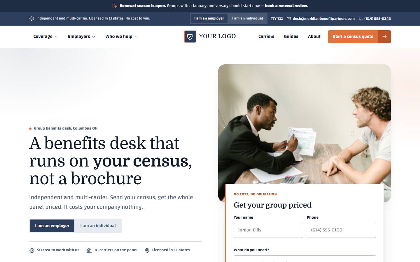 Meridian Benefit Partners home page on a desktop screen