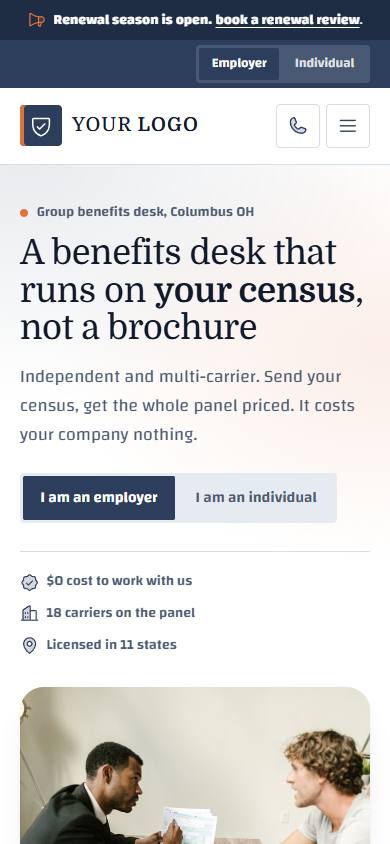 Meridian Benefit Partners home page on a phone
