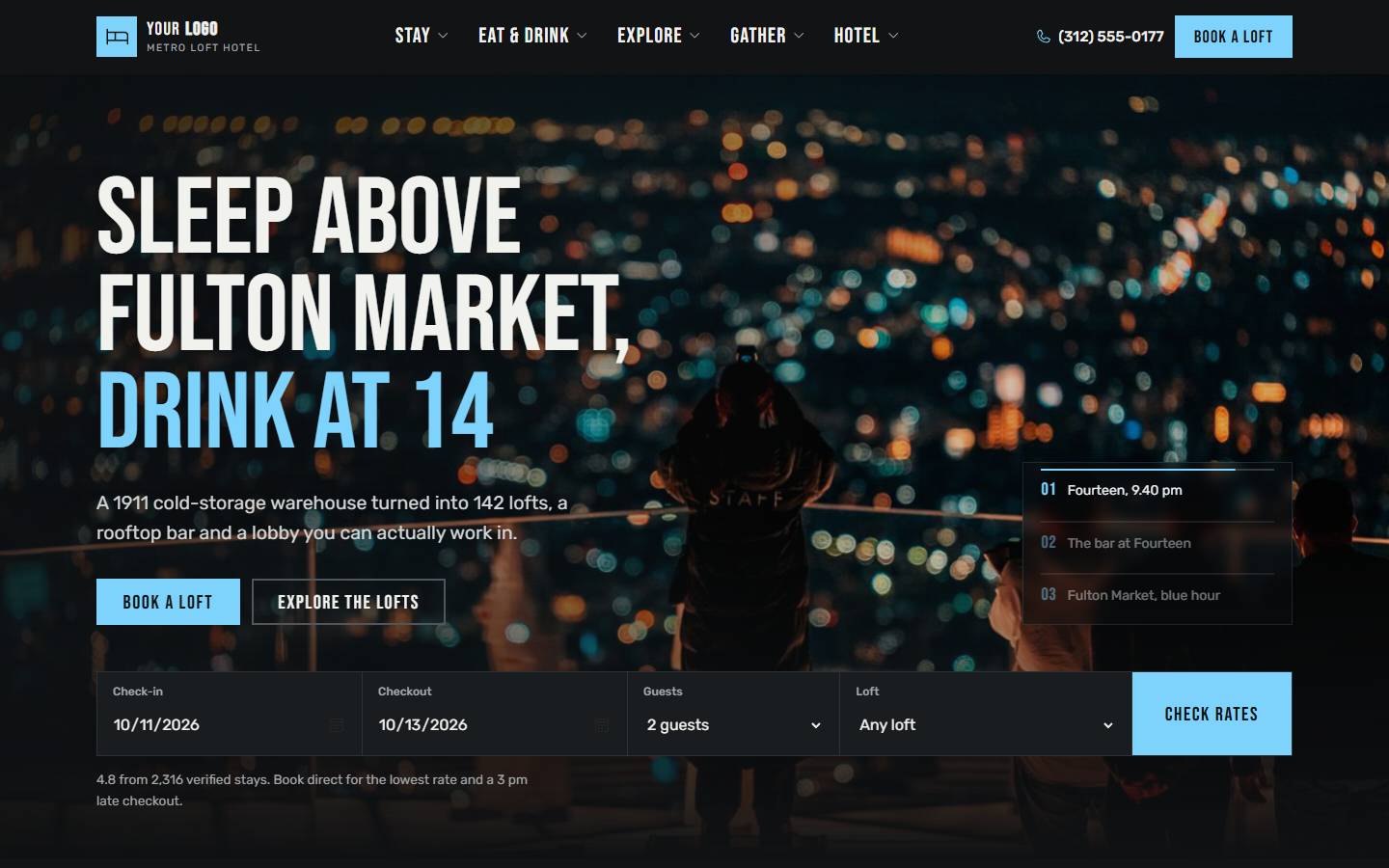 Metro Loft Hotel home page on a desktop screen