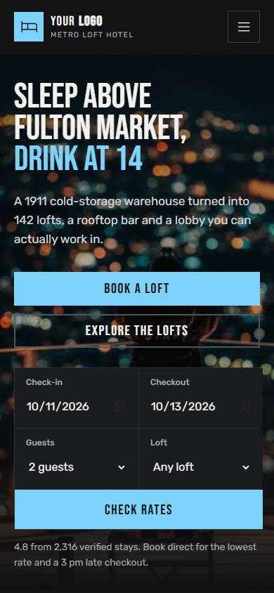 Metro Loft Hotel home page on a phone