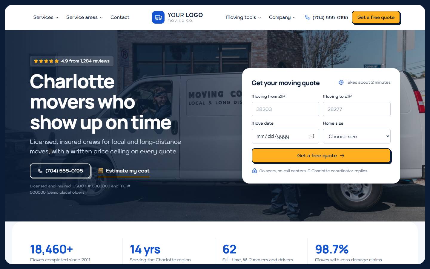 BlueLine Moving Co. home page on a desktop screen