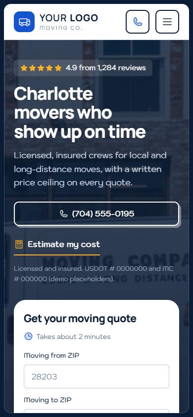 BlueLine Moving Co. home page on a phone