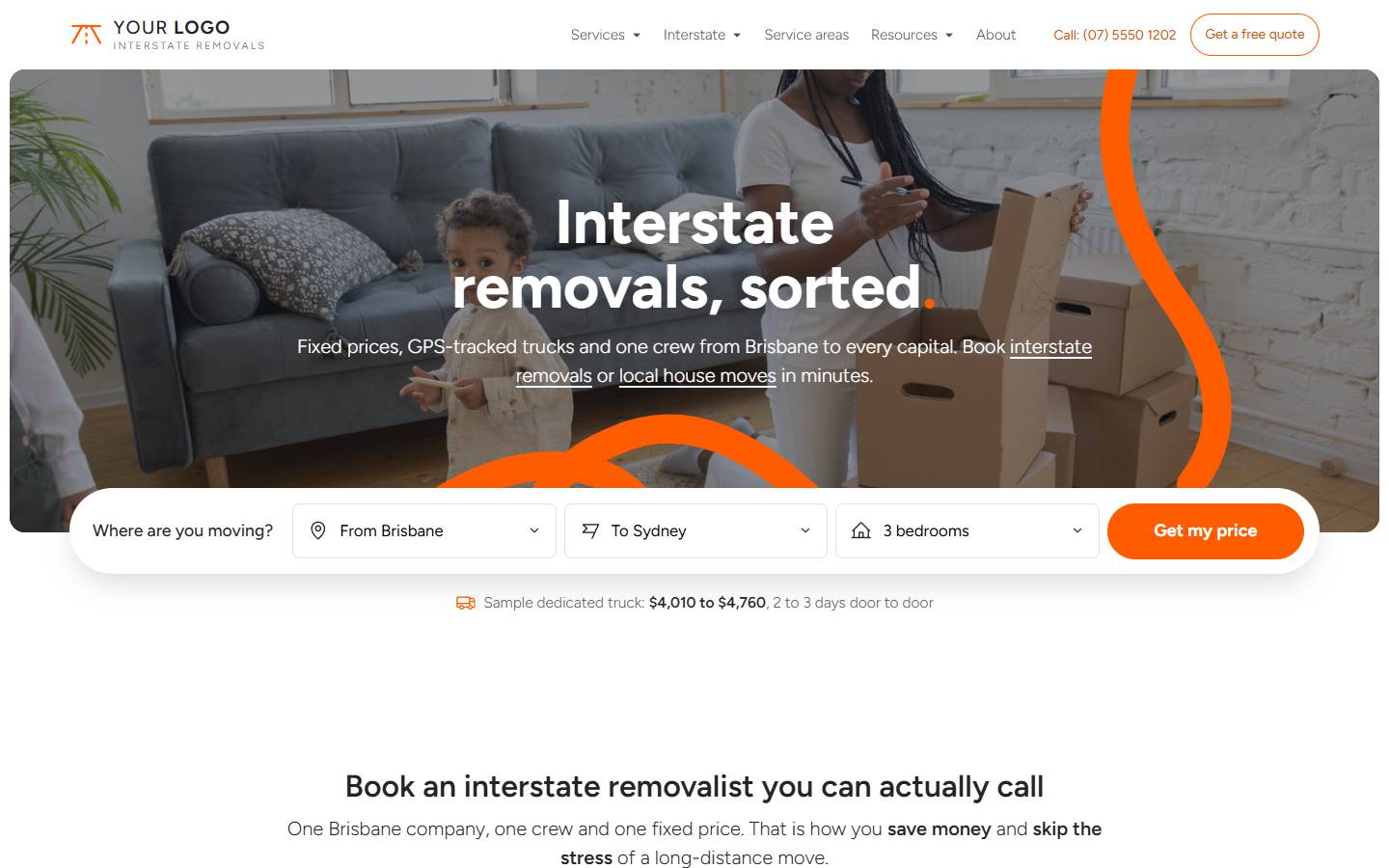 Outback Interstate Removals home page on a desktop screen