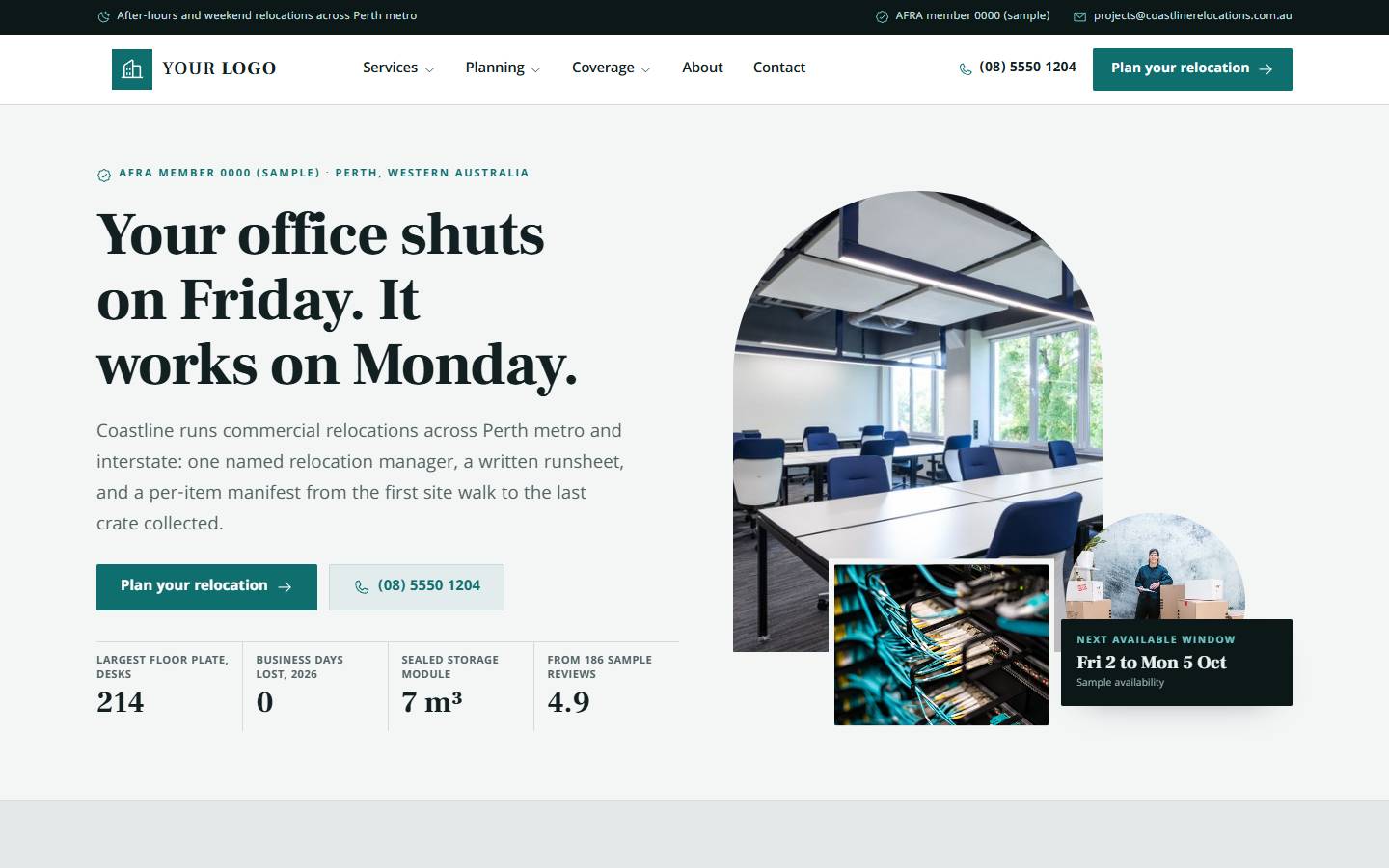 Coastline Office Relocations home page on a desktop screen