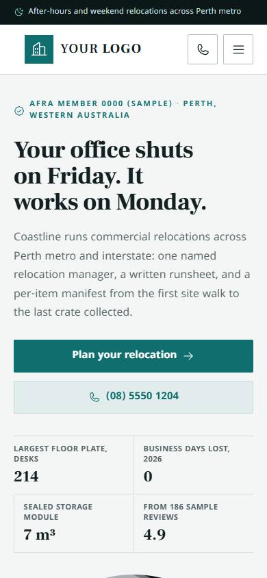 Coastline Office Relocations home page on a phone