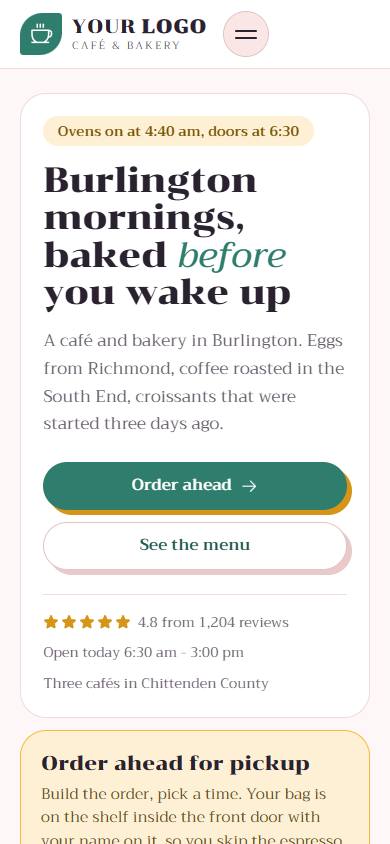 Sunny Side Café & Bakery home page on a phone