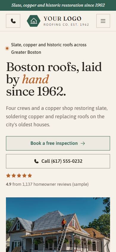 Slate & Copper Roofing Co. home page on a phone