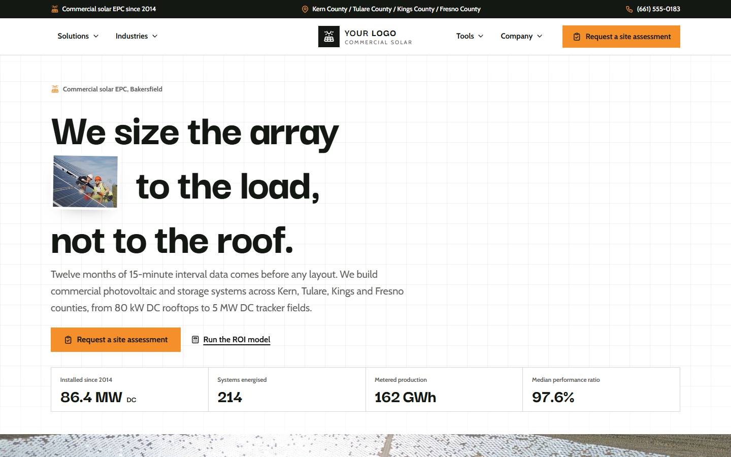SunHarvest Commercial Solar home page on a desktop screen