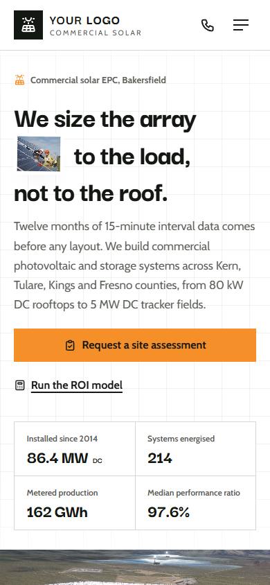 SunHarvest Commercial Solar home page on a phone