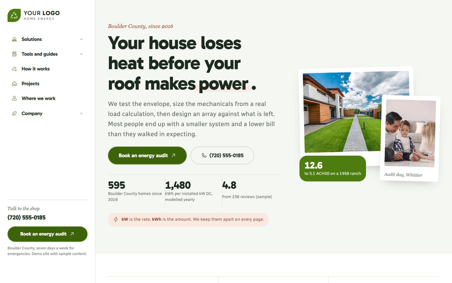GreenLeaf Home Energy home page on a desktop screen