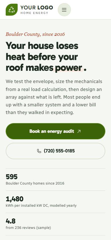 GreenLeaf Home Energy home page on a phone