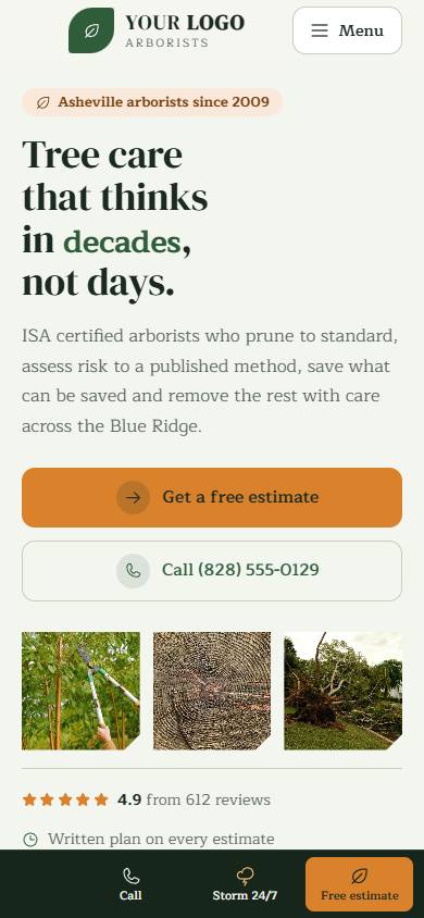Canopy & Crown Arborists home page on a phone