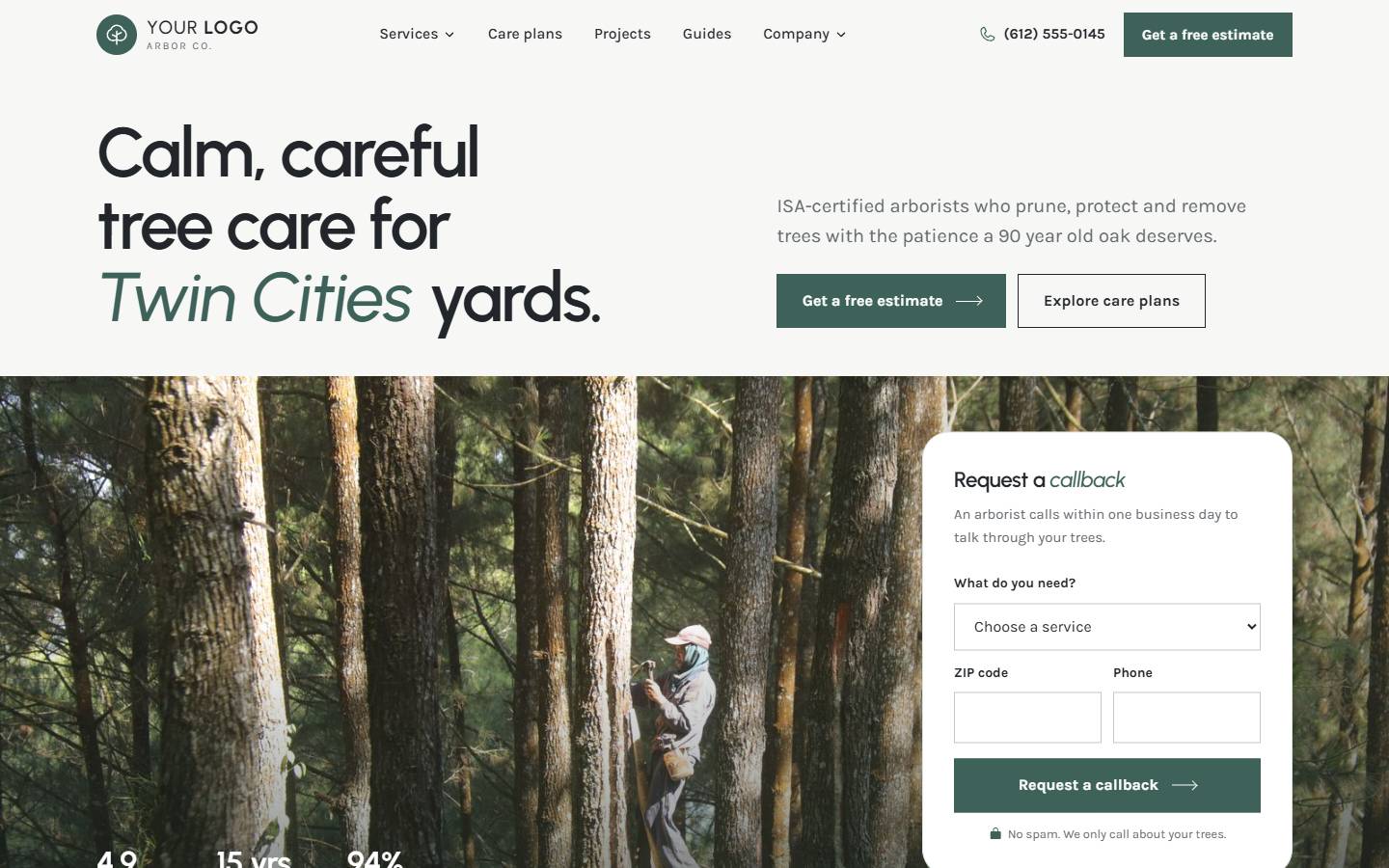 Evergreen Arbor Co. home page on a desktop screen
