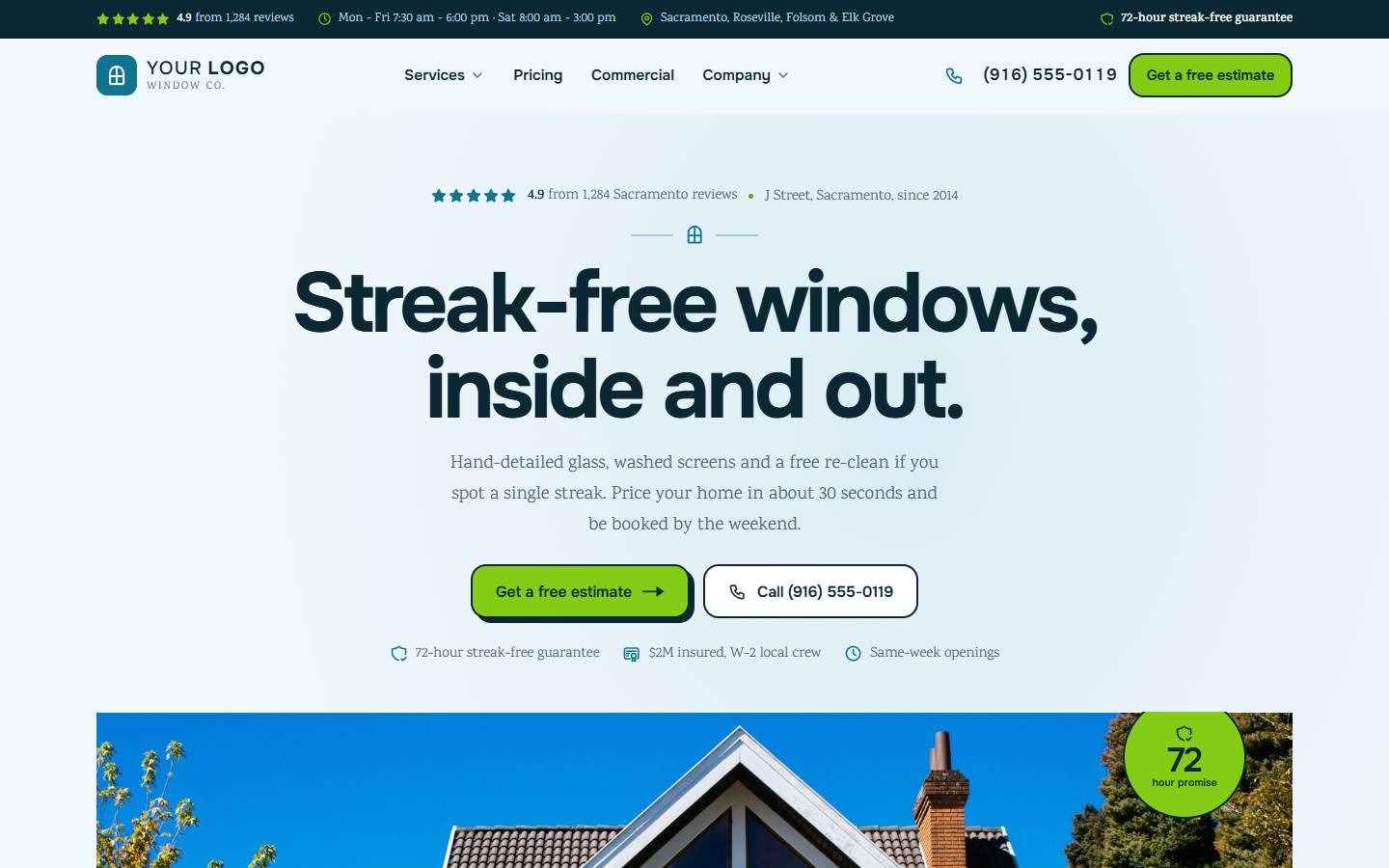 ClearView Window Co. home page on a desktop screen