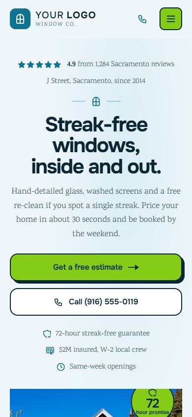 ClearView Window Co. home page on a phone