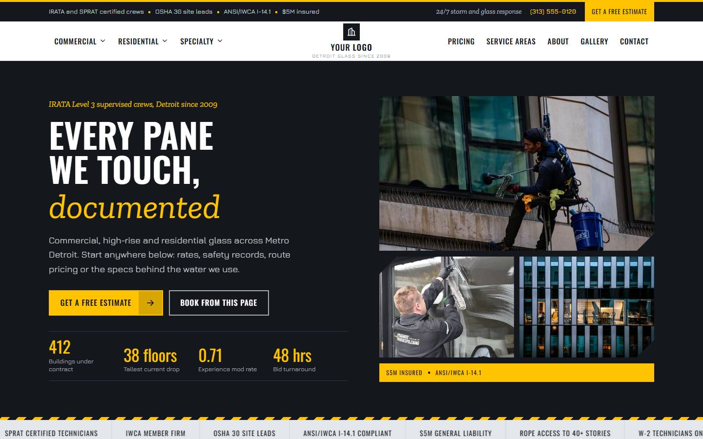 HighRise Glass Services home page on a desktop screen