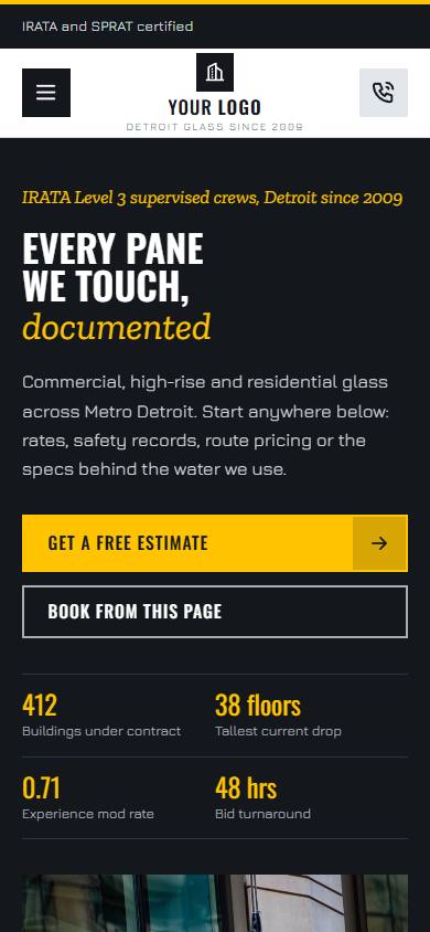 HighRise Glass Services home page on a phone