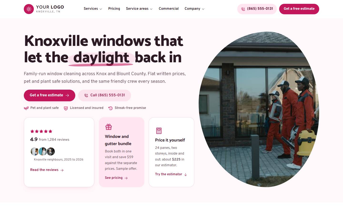 Sparkle Pane Window Cleaning home page on a desktop screen
