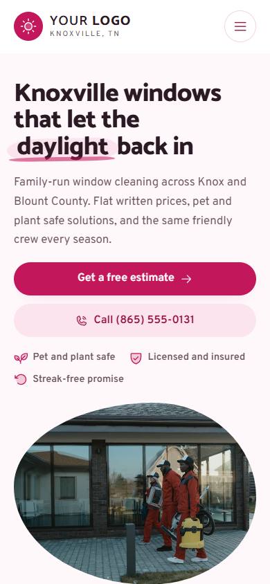 Sparkle Pane Window Cleaning home page on a phone