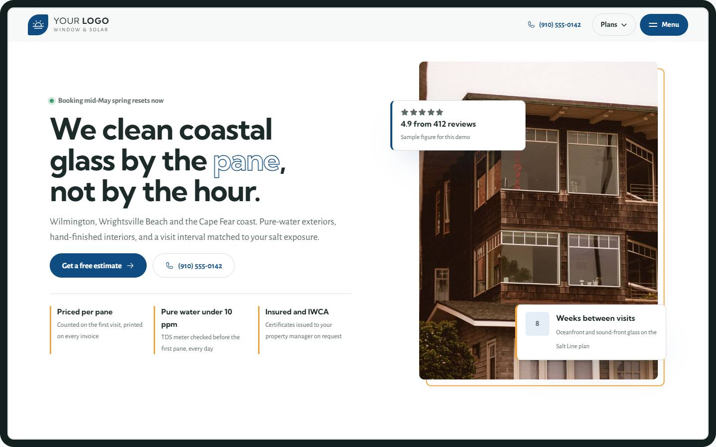 Crystal Coast Window & Solar home page on a desktop screen