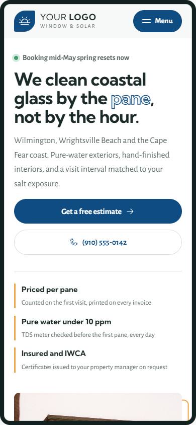 Crystal Coast Window & Solar home page on a phone
